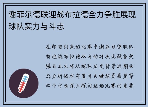 谢菲尔德联迎战布拉德全力争胜展现球队实力与斗志